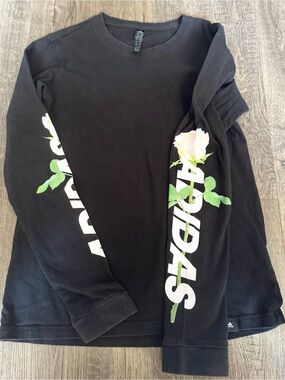 adidas Black Long Sleeve Tee with White Logo and Rose Sleeve Graphics